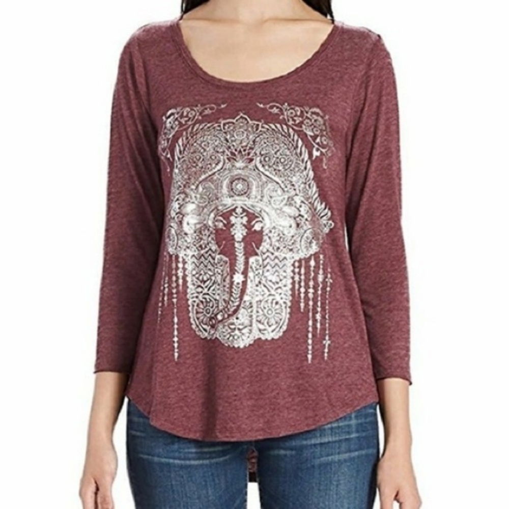 Lucky Brand Hamsa Tee Long Sleeve Metallic Elephant Graphic Heathered Purple S